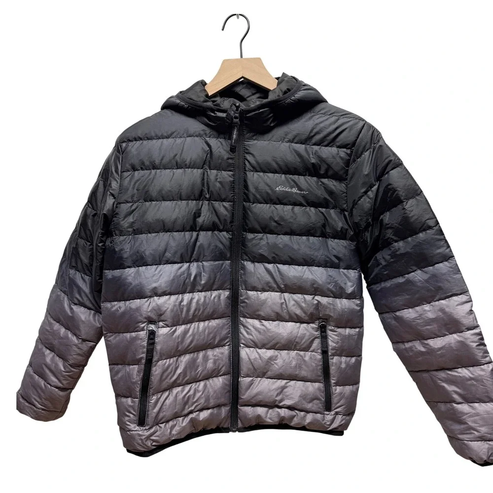 Eddie Bauer Reversible Hooded Puffer Jacket Ombre‎ Black Grey Down Fill Youth L